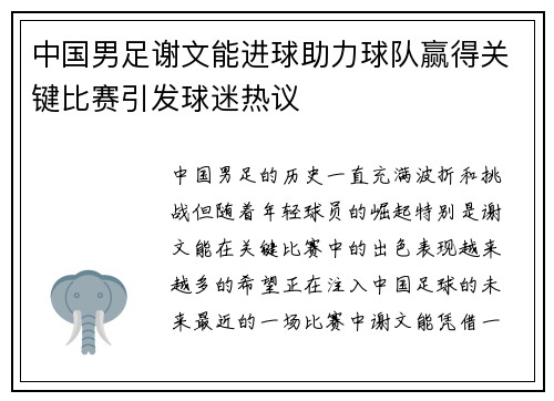 中国男足谢文能进球助力球队赢得关键比赛引发球迷热议